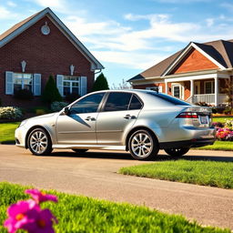 A 2011 Saab 9-3 EV parked in a cozy suburban driveway, showcasing its classic design with a sleek silver exterior that reflects the soft morning sunlight