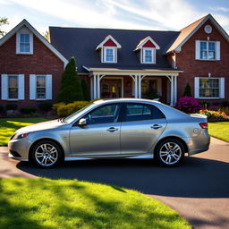 A 2011 Saab 9-3 EV parked in a cozy suburban driveway, showcasing its classic design with a sleek silver exterior that reflects the soft morning sunlight