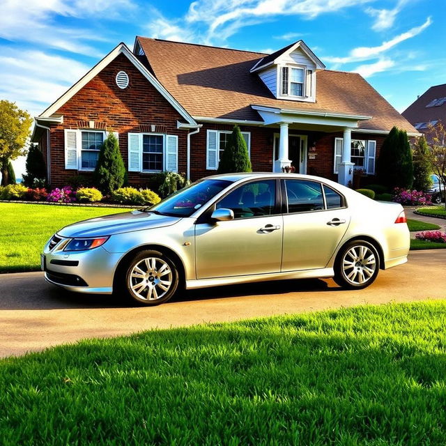 A 2011 Saab 9-3 EV parked in a cozy suburban driveway, showcasing its classic design with a sleek silver exterior that reflects the soft morning sunlight