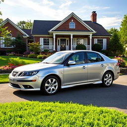 A 2011 Saab 9-3 EV parked in a cozy suburban driveway, showcasing its classic design with a sleek silver exterior that reflects the soft morning sunlight