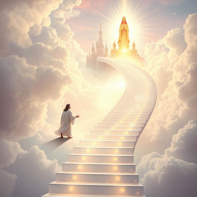 An ethereal scene depicting Jesus stepping onto an infinite staircase that spirals upward into a heavenly kingdom