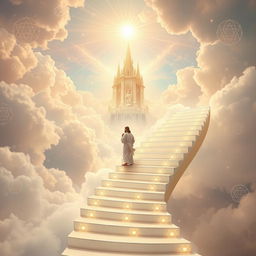An ethereal scene depicting Jesus stepping onto an infinite staircase that spirals upward into a heavenly kingdom