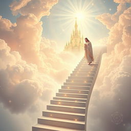 An ethereal scene depicting Jesus stepping onto an infinite staircase that spirals upward into a heavenly kingdom