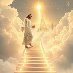 An ethereal scene depicting Jesus stepping onto an infinite staircase that spirals upward into a heavenly kingdom