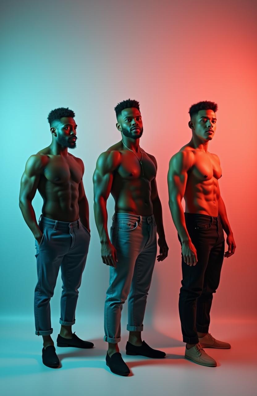 A series of artistic poses depicting confident male models showcasing their beauty and strength