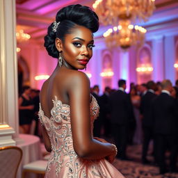 A glamorous ebony woman exuding elegance and confidence, dressed in a stunning, luxurious evening gown that shimmers with intricate beadwork and rich fabrics