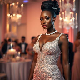 A glamorous ebony woman exuding elegance and confidence, dressed in a stunning, luxurious evening gown that shimmers with intricate beadwork and rich fabrics
