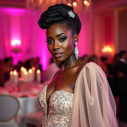 A glamorous ebony woman exuding elegance and confidence, dressed in a stunning, luxurious evening gown that shimmers with intricate beadwork and rich fabrics