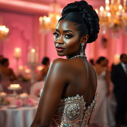 A glamorous ebony woman exuding elegance and confidence, dressed in a stunning, luxurious evening gown that shimmers with intricate beadwork and rich fabrics