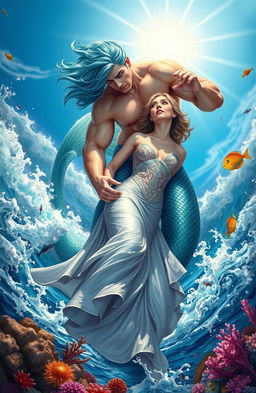 A dramatic scene depicting a merman rescuing a duchess from the ocean