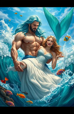 A dramatic scene depicting a merman rescuing a duchess from the ocean