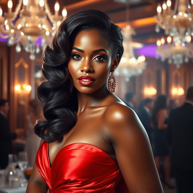 A glamorous ebony woman with striking features, wearing a stunning, elegant gown that accentuates her curves