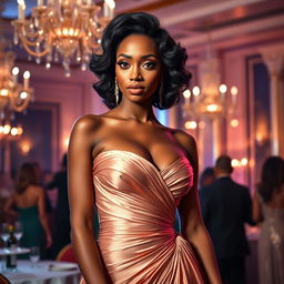 A glamorous ebony woman with striking features, wearing a stunning, elegant gown that accentuates her curves