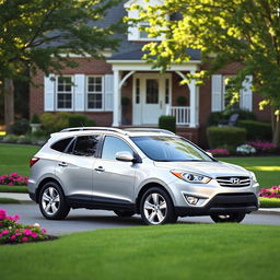 A 2011 Hyundai Entourage parked in a cozy suburban driveway, surrounded by a well-manicured lawn and blooming flower beds