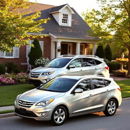 A 2011 Hyundai Entourage parked in a cozy suburban driveway, surrounded by a well-manicured lawn and blooming flower beds