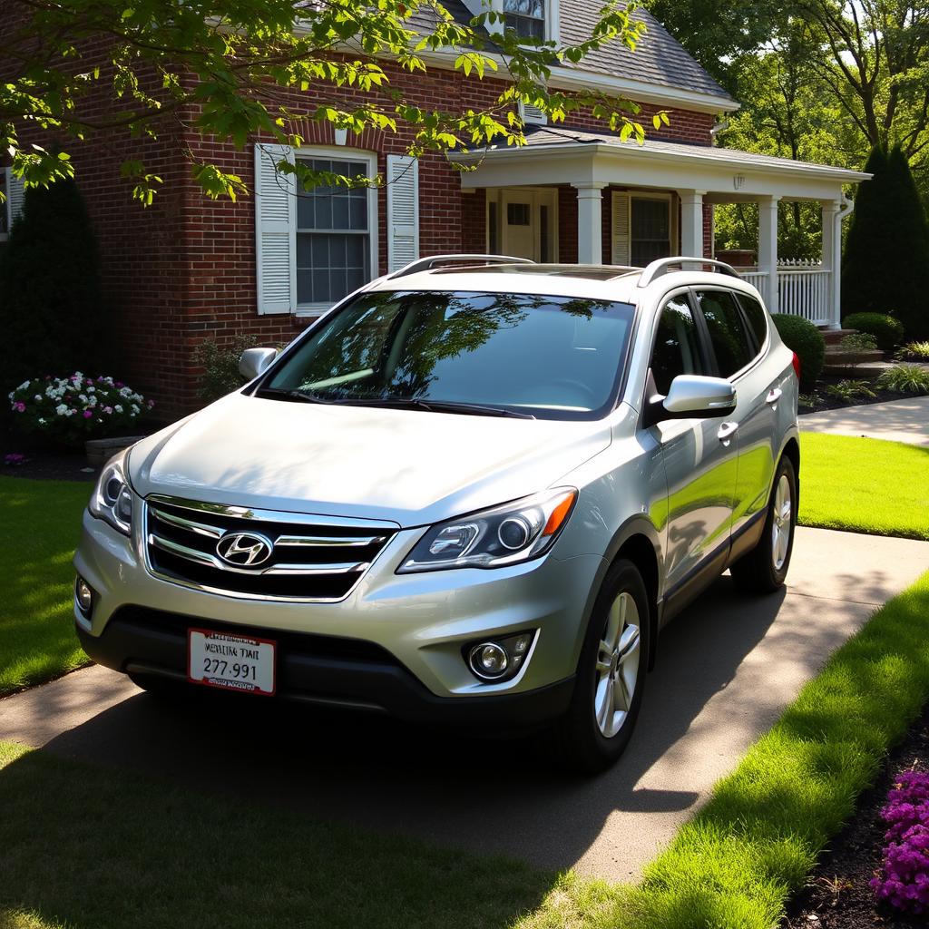 A 2011 Hyundai Entourage parked in a cozy suburban driveway, surrounded by a well-manicured lawn and blooming flower beds