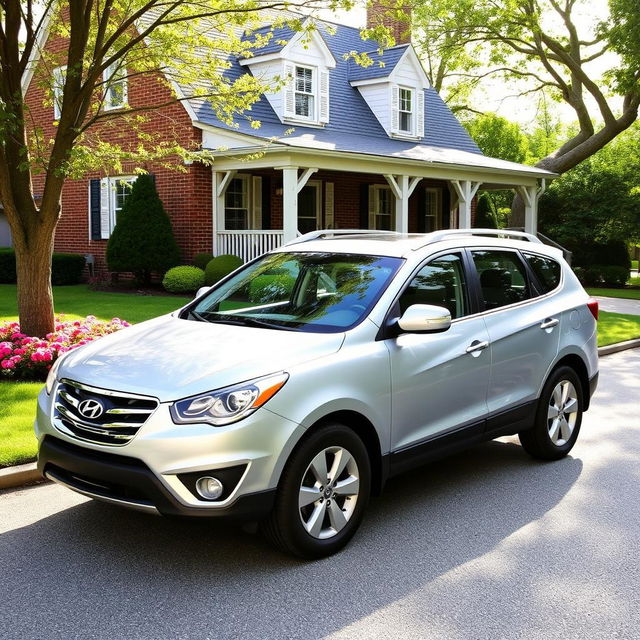 A 2011 Hyundai Entourage parked in a cozy suburban driveway, surrounded by a well-manicured lawn and blooming flower beds