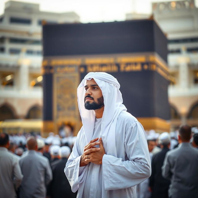 A full shot of a man in ihram clothing, performing prayer in front of the Kaaba