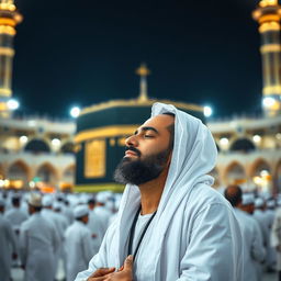 A full shot of a man in ihram clothing, performing prayer in front of the Kaaba