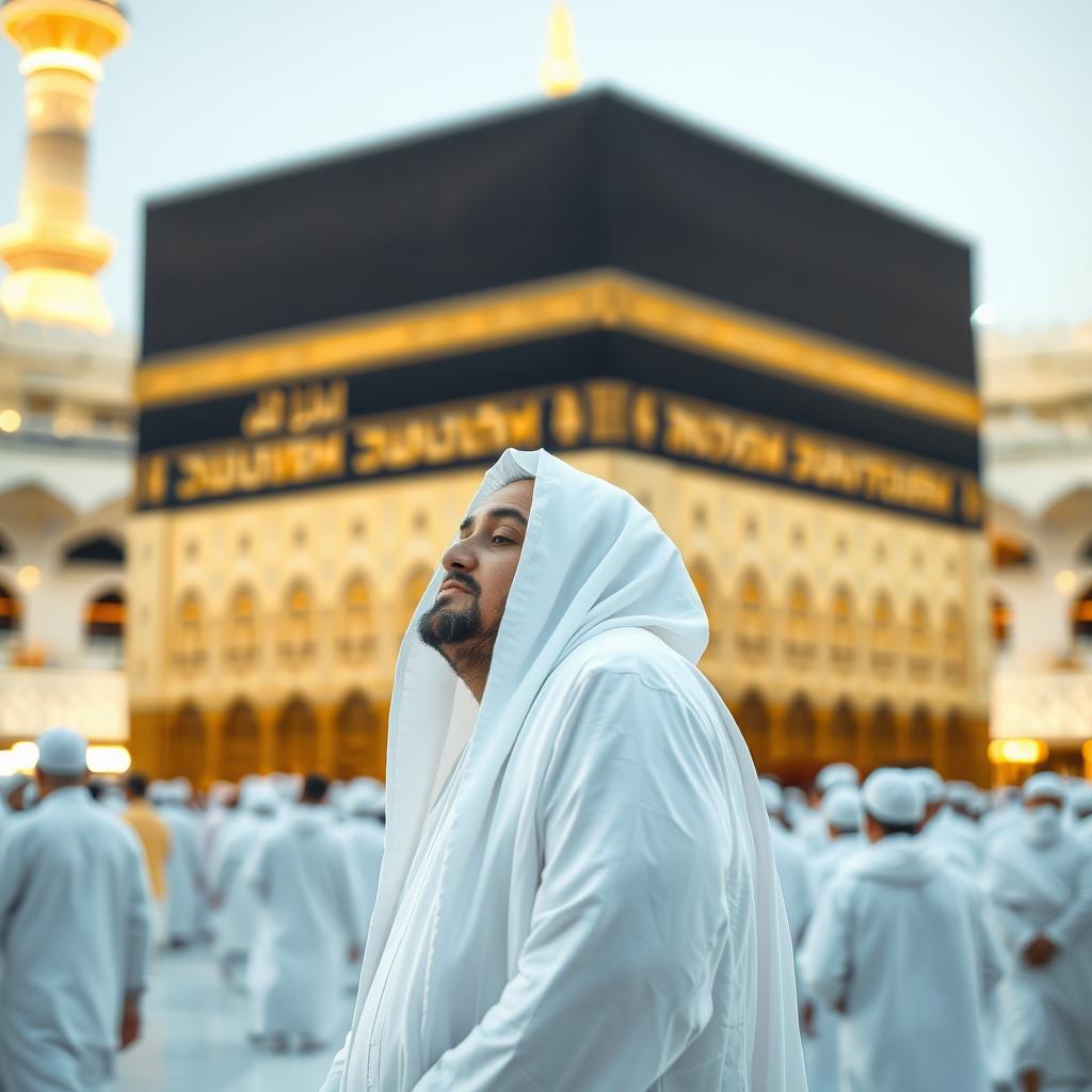 A full shot of a man in ihram clothing, performing prayer in front of the Kaaba