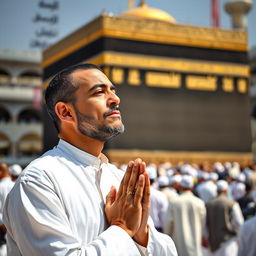 A full shot of a man in ihram clothing, performing prayer in front of the Kaaba