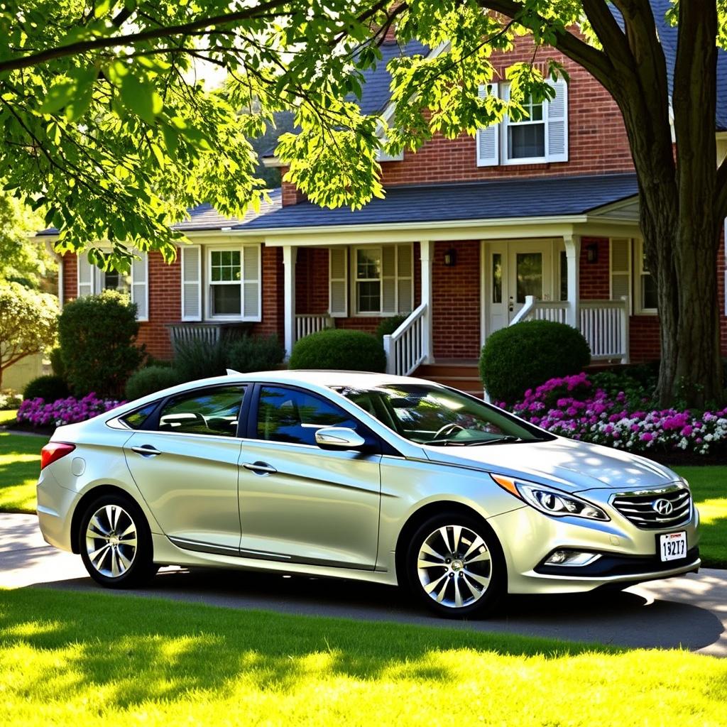 A 2013 Hyundai 6 parked in a cozy suburban driveway, surrounded by a well-manicured lawn and blooming flower beds