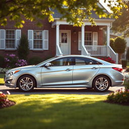A 2013 Hyundai 6 parked in a cozy suburban driveway, surrounded by a well-manicured lawn and blooming flower beds