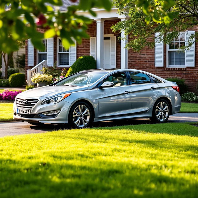 A 2013 Hyundai 6 parked in a cozy suburban driveway, surrounded by a well-manicured lawn and blooming flower beds