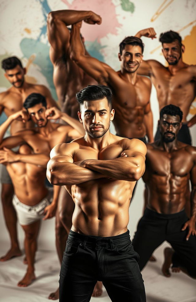 An artistic scene celebrating male beauty and strength, featuring a group of muscular men in various confident poses