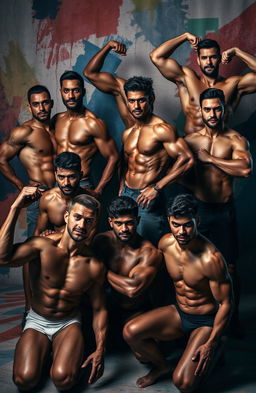 An artistic scene celebrating male beauty and strength, featuring a group of muscular men in various confident poses