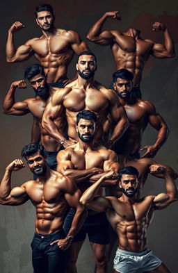 An artistic scene celebrating male beauty and strength, featuring a group of muscular men in various confident poses