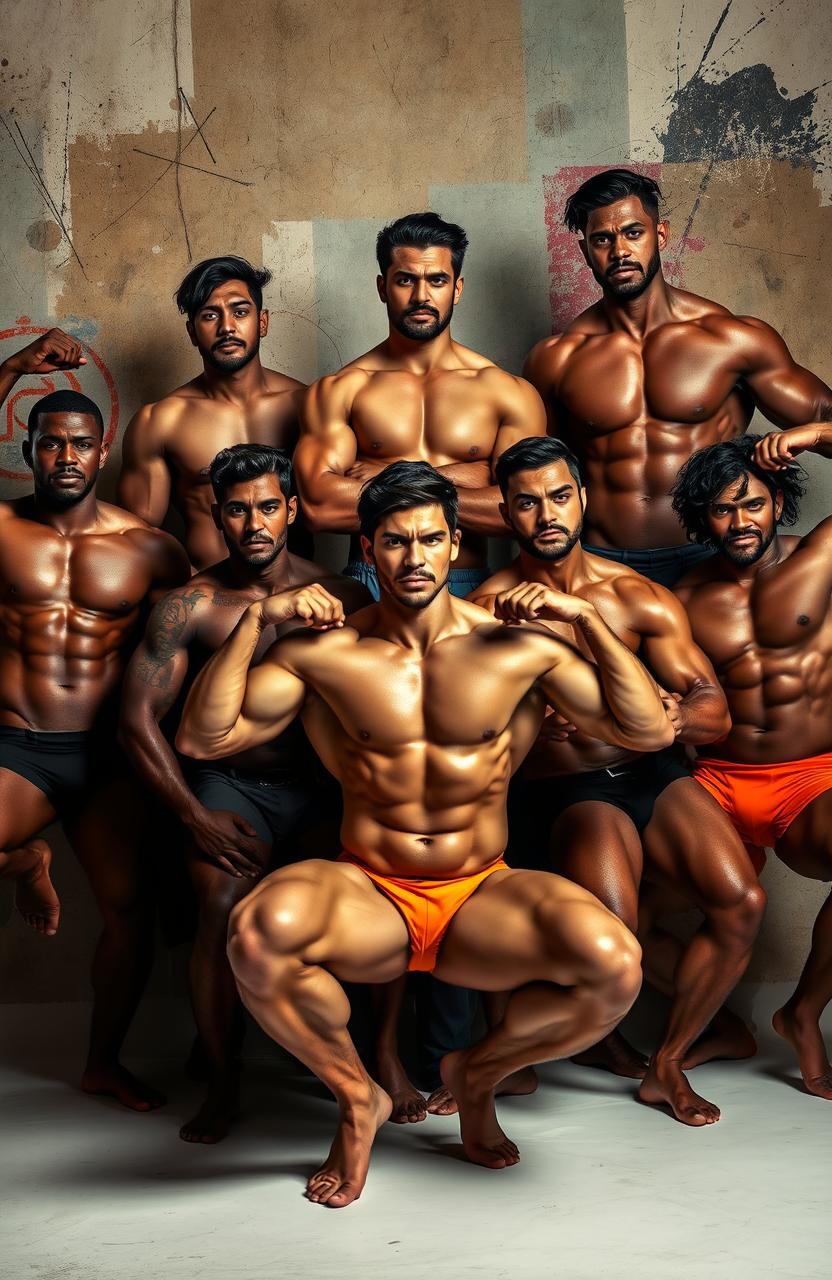 An artistic scene celebrating male beauty and strength, featuring a group of muscular men in various confident poses