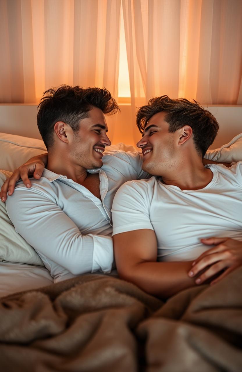 Two male lovers lying on a bed, embracing each other affectionately in a beautiful, intimate setting