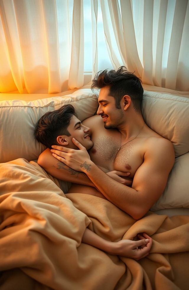 Two male lovers lying on a bed, embracing each other affectionately in a beautiful, intimate setting