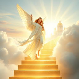 An angelic figure gracefully ascending a shimmering stairway leading to a luminous ethereal kingdom