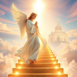 An angelic figure gracefully ascending a shimmering stairway leading to a luminous ethereal kingdom