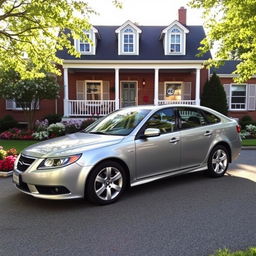 A 2013 Saab 9-6x parked in a cozy suburban driveway, surrounded by a well-manicured lawn and blooming flower beds