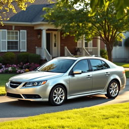 A 2013 Saab 9-6x parked in a cozy suburban driveway, surrounded by a well-manicured lawn and blooming flower beds