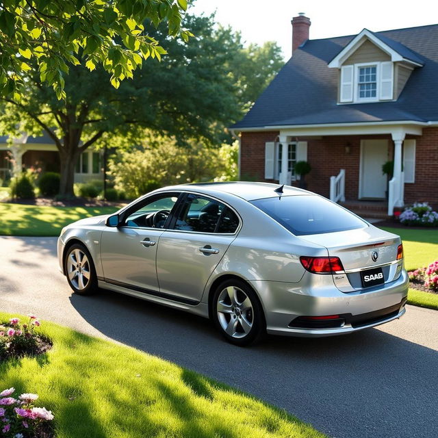 A 2013 Saab 9-6x parked in a cozy suburban driveway, surrounded by a well-manicured lawn and blooming flower beds