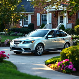 A 2013 Saab 9-6x parked in a cozy suburban driveway, surrounded by a well-manicured lawn and blooming flower beds