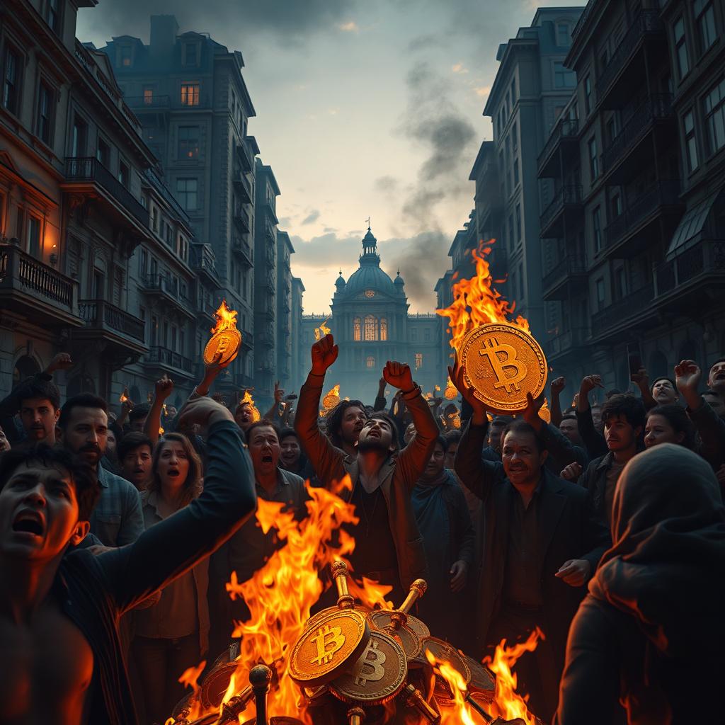 A dramatic scene depicting a fictional street filled with impoverished people rising against a backdrop of towering mansions