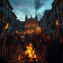 A dramatic scene depicting a fictional street filled with impoverished people rising against a backdrop of towering mansions