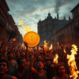 A dramatic scene depicting a fictional street filled with impoverished people rising against a backdrop of towering mansions
