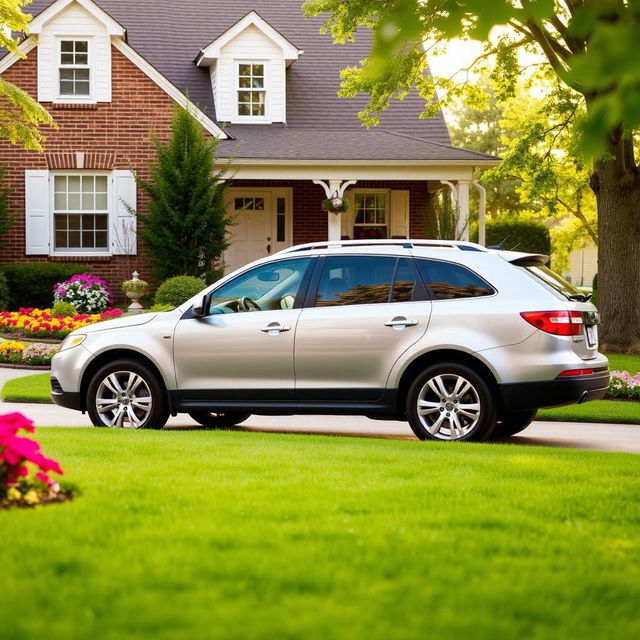 A 2013 Saab 9-6x CUV parked in a cozy suburban driveway, surrounded by a well-manicured lawn and vibrant blooming flower beds