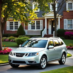 A 2013 Saab 9-6x CUV parked in a cozy suburban driveway, surrounded by a well-manicured lawn and vibrant blooming flower beds
