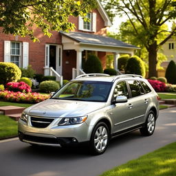 A 2013 Saab 9-6x CUV parked in a cozy suburban driveway, surrounded by a well-manicured lawn and vibrant blooming flower beds