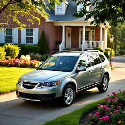 A 2013 Saab 9-6x CUV parked in a cozy suburban driveway, surrounded by a well-manicured lawn and vibrant blooming flower beds