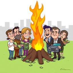 A simple cartoon depicting the concept of social class disparity, featuring exaggerated caricatures of a group of poor people and a group of rich people