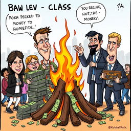 A simple cartoon depicting the concept of social class disparity, featuring exaggerated caricatures of a group of poor people and a group of rich people