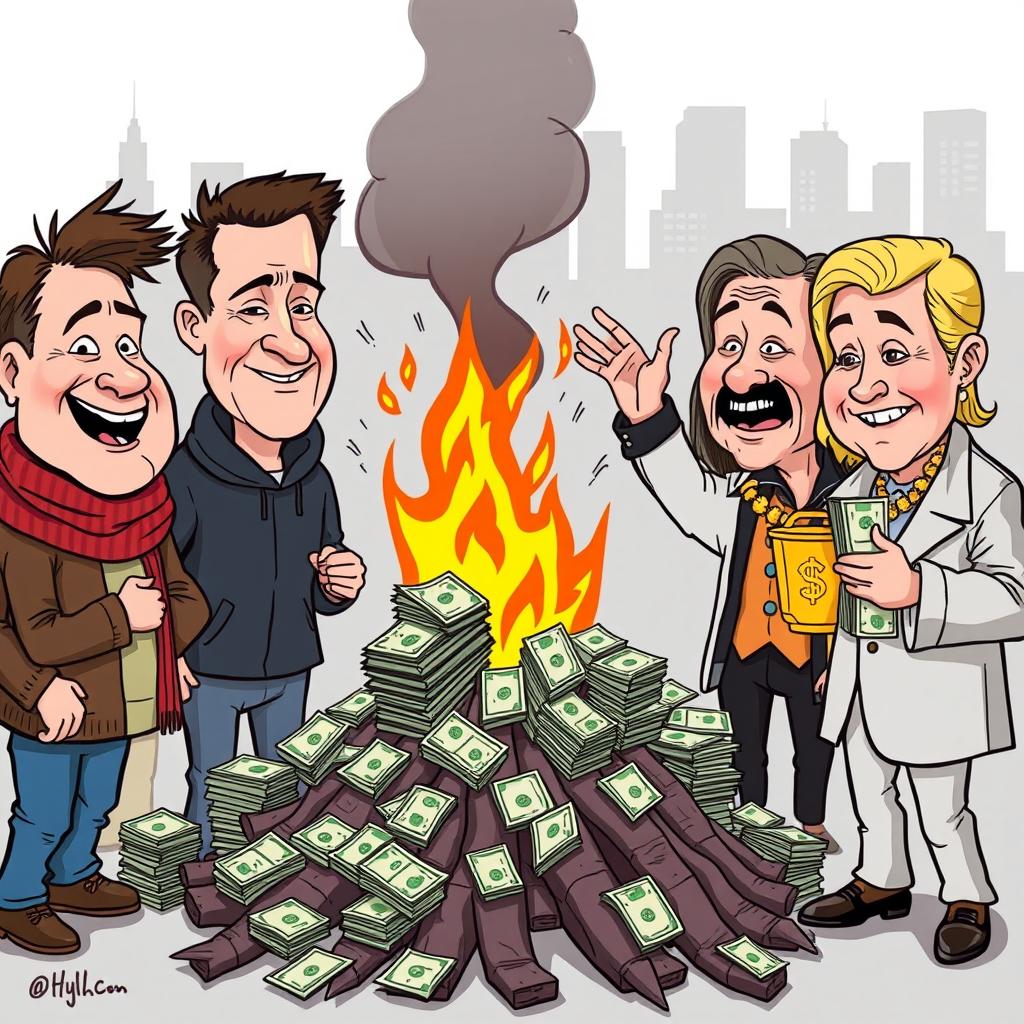A simple cartoon depicting the concept of social class disparity, featuring exaggerated caricatures of a group of poor people and a group of rich people